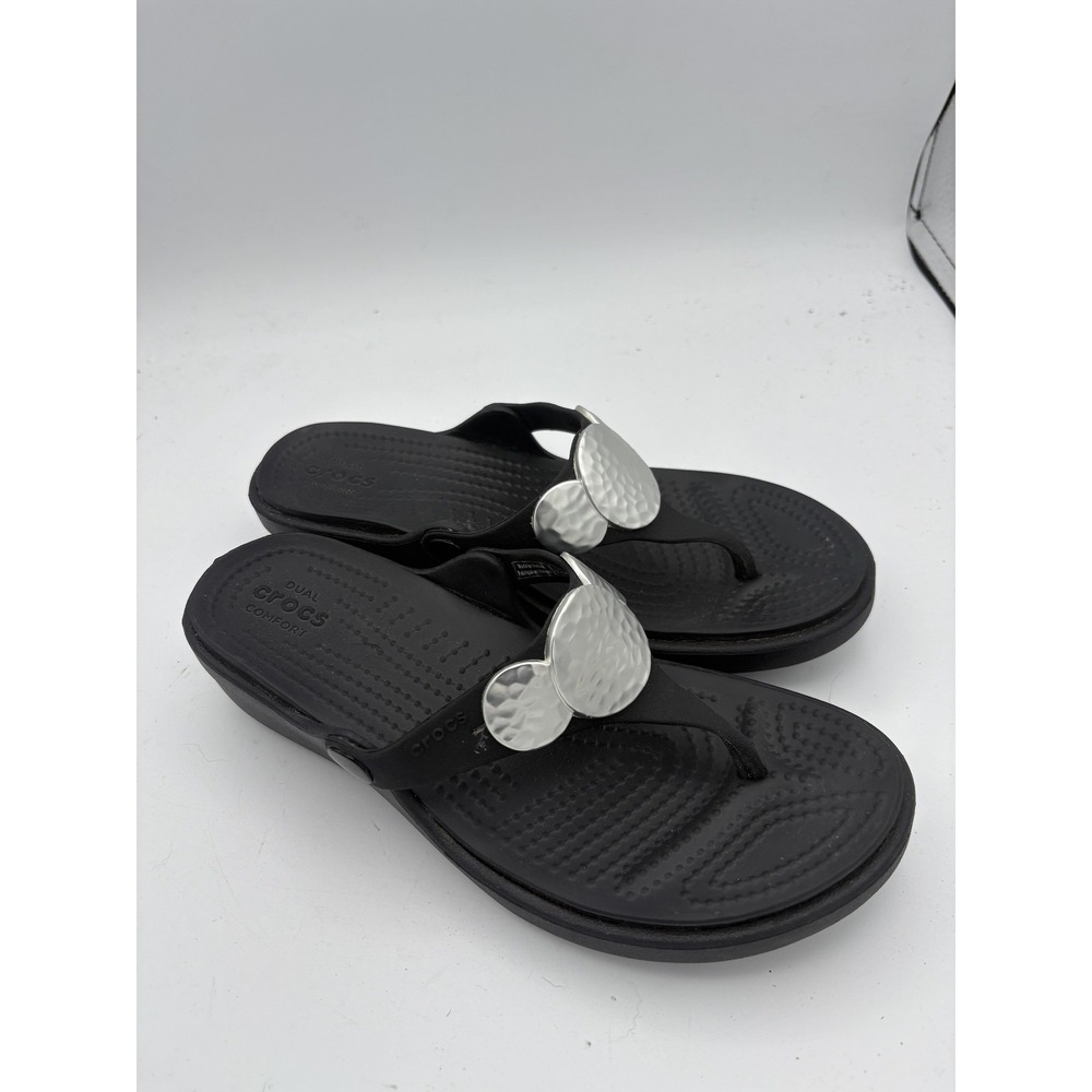 Crocs Shoes Womens Size 5 Black Thong Wedge Sandals Medallion Comfort Flip Flop